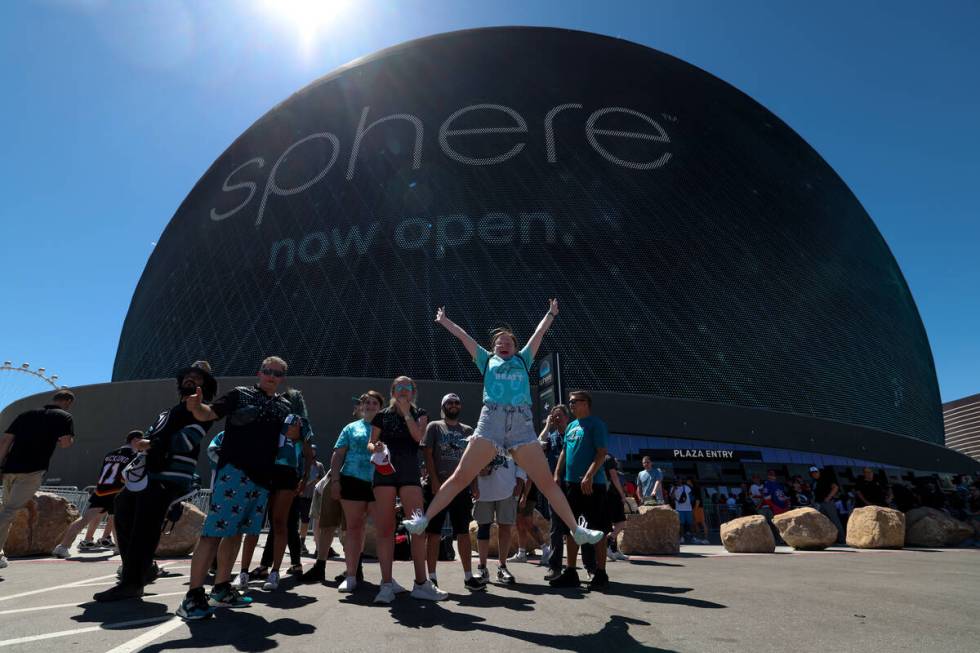 San Jose Sharks fans mingle outside of Sphere before the NHL hockey draft on Friday, June 28, 2 ...