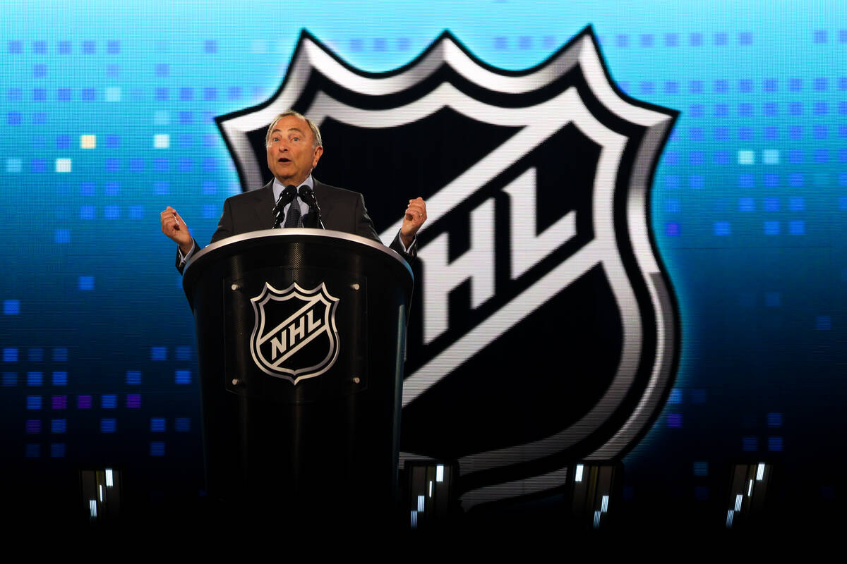 NHL Commissioner Gary Bettman speaks during the first round of the NHL hockey draft at Sphere o ...