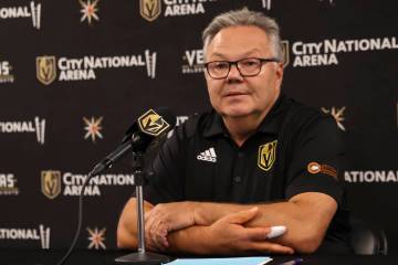 Golden Knights general manager Kelly McCrimmon speaks with members of the media at City Nationa ...