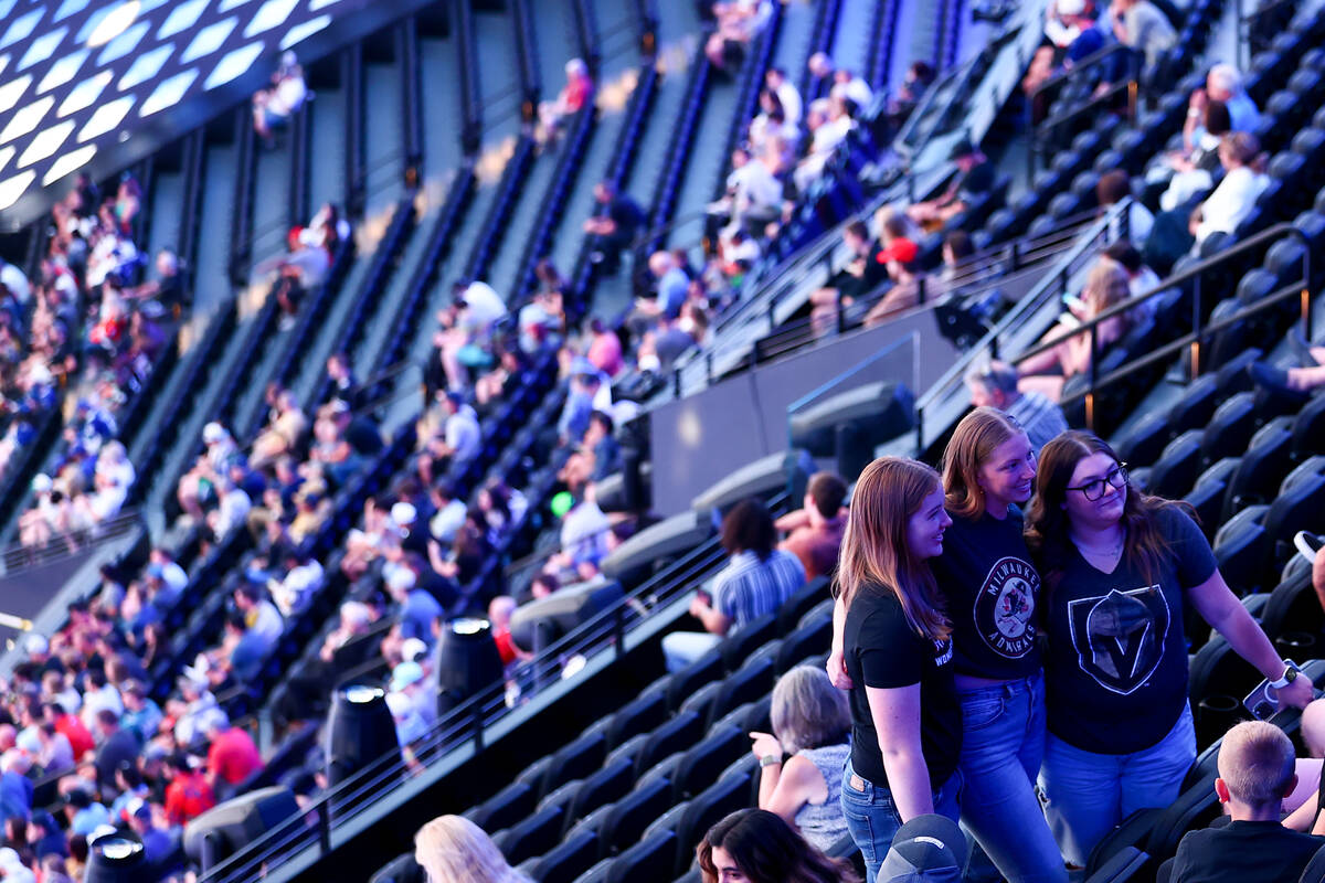 Fans pose for photos during the NHL hockey draft at Sphere on Saturday, June 29, 2024, in Las V ...