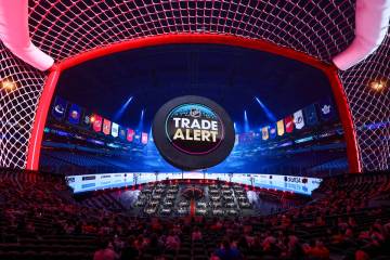 A trade is initiated during the NHL hockey draft at Sphere on Saturday, June 29, 2024, in Las V ...