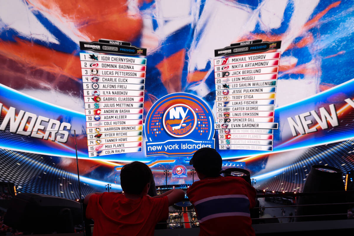 Fans watch as the New York Islanders make a selection during the NHL hockey draft at Sphere on ...