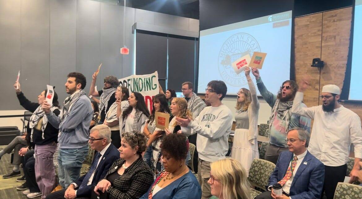 Pro-Palestinian students disrupted the MSU Board of Trustees meeting on Friday, June 28, 2024, ...