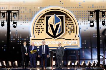 Vegas Golden Knights general manager Kelly McCrimmon announces the team’s first-round pi ...