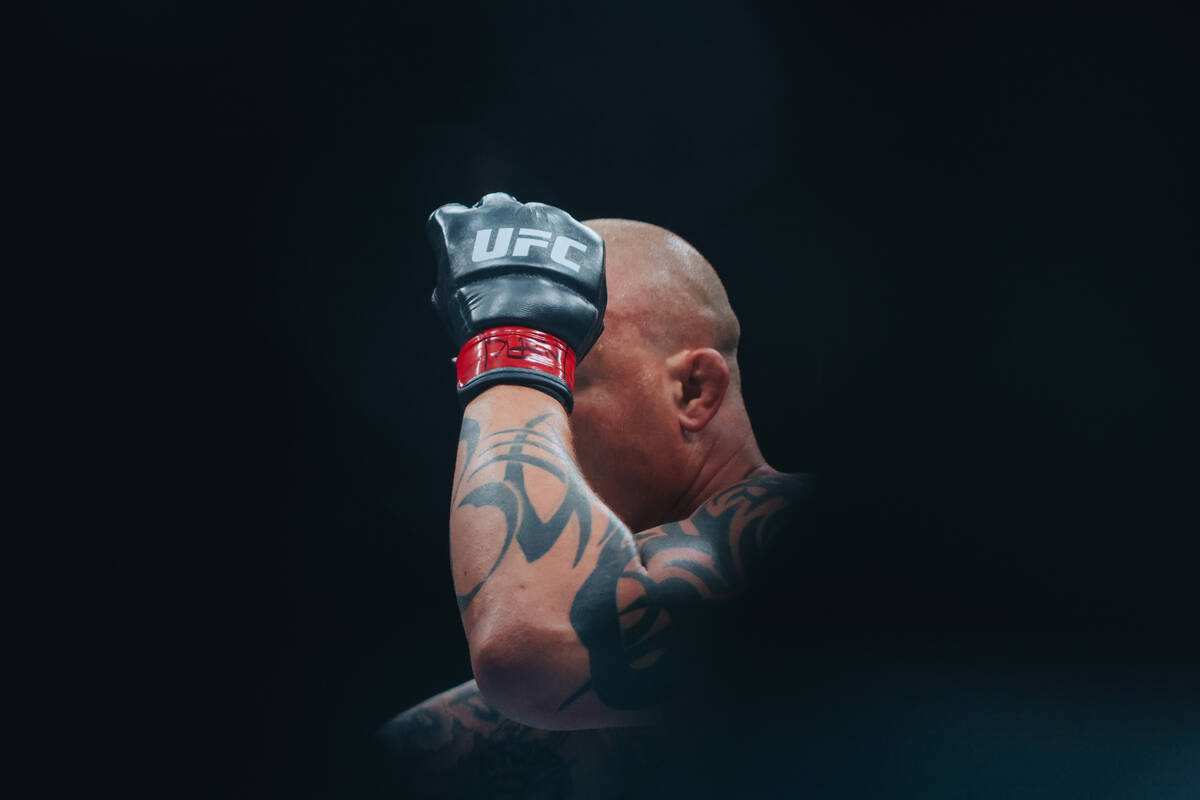 Anthony Smith fights during the light heavyweight bout at UFC 303 at T-Mobile Arena on Saturday ...