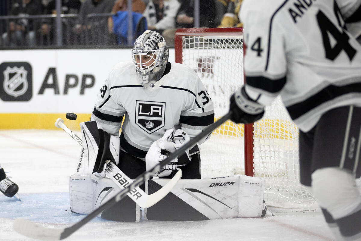 Kings goaltender Cam Talbot (39) saves the puck during the second period of an NHL hockey game ...