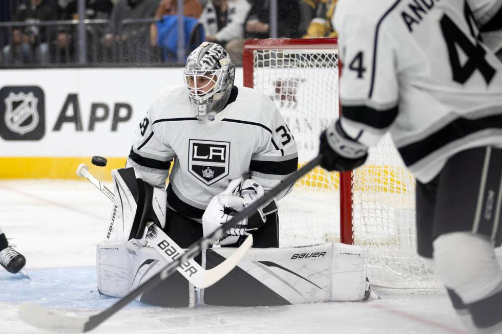 Kings goaltender Cam Talbot (39) saves the puck during the second period of an NHL hockey game ...