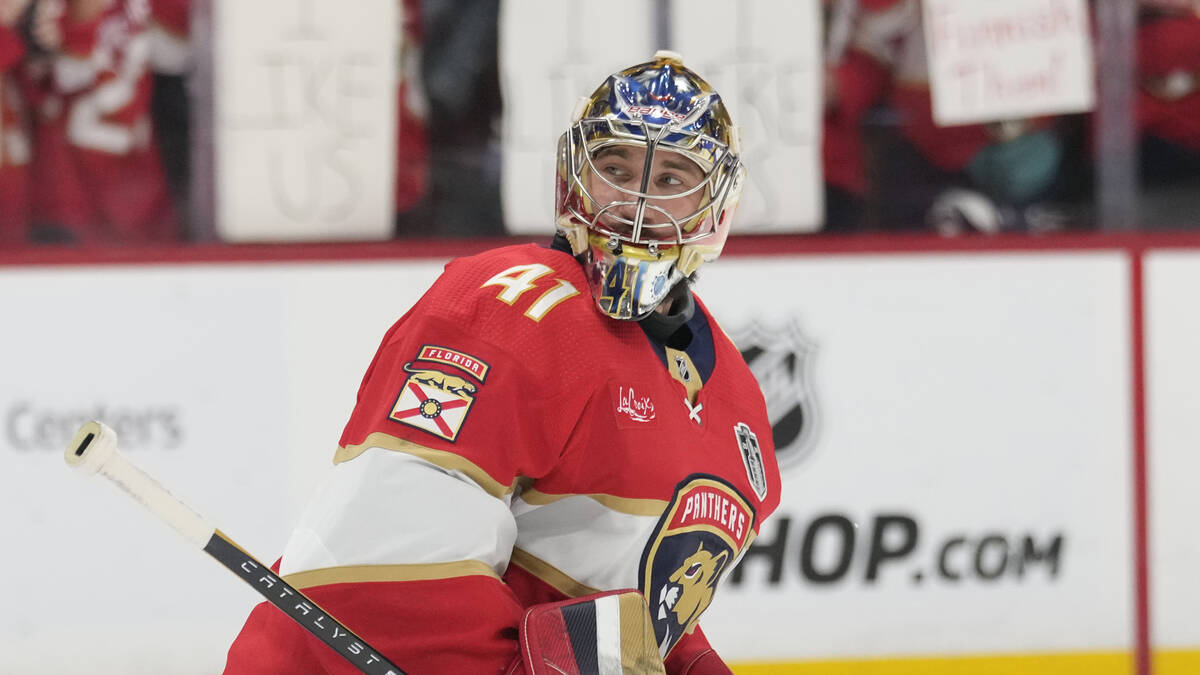 Florida Panthers goaltender Anthony Stolarz (41) warms up before Game 7 of the NHL hockey Stanl ...