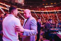 UFC CEO Diana White speaks to a person during UFC 303 at T-Mobile Arena on Saturday, June 29, 2 ...