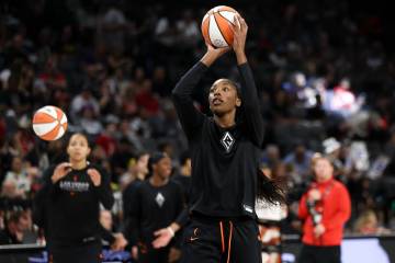 Las Vegas Aces forward Jessika Carter shoots during warmups before a WNBA basketball game again ...