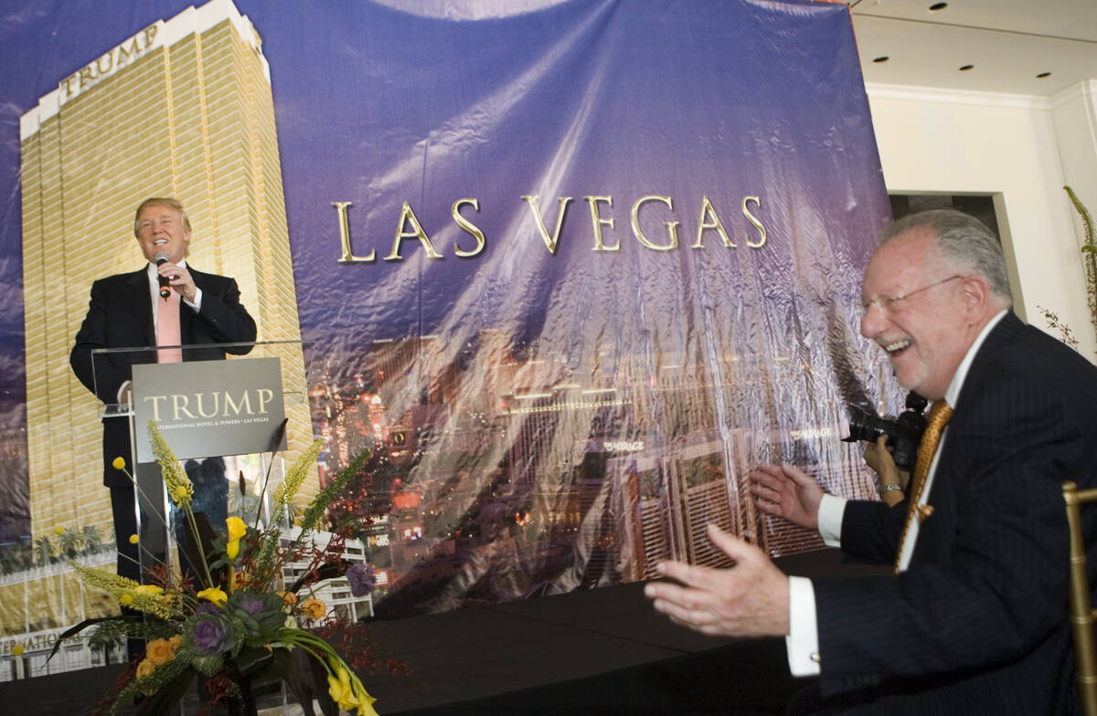 Las Vegas' then-Mayor Oscar Goodman, right, laughs, as Donald Trump talks about the mayor durin ...