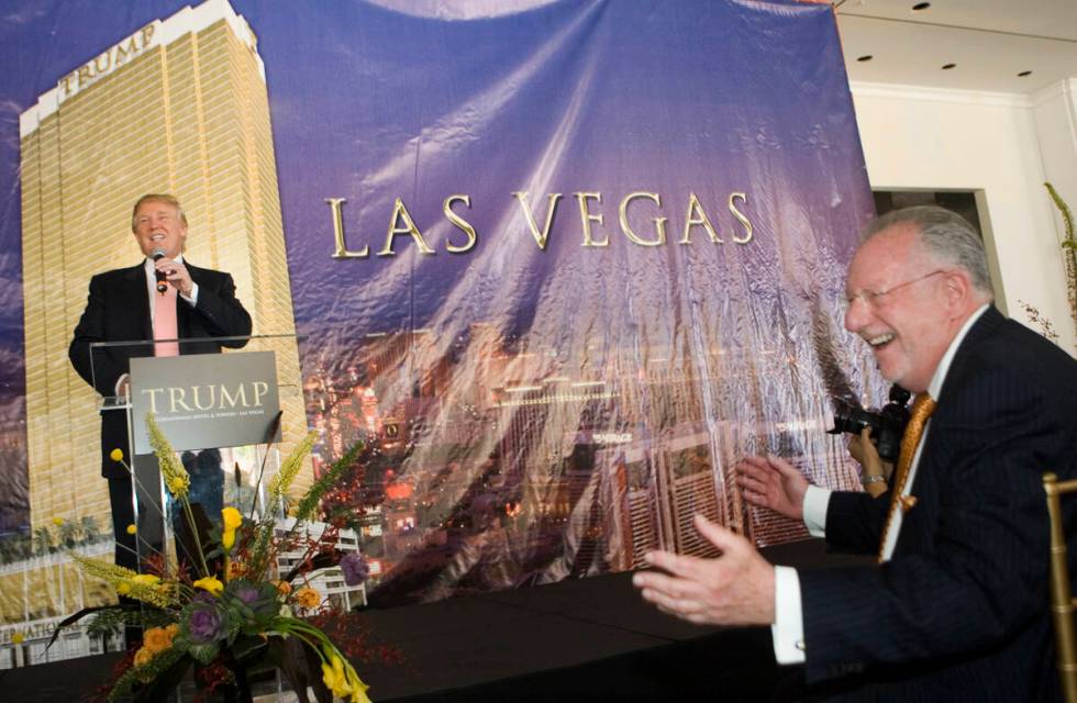 Las Vegas' then-Mayor Oscar Goodman, right, laughs, as Donald Trump talks about the mayor durin ...