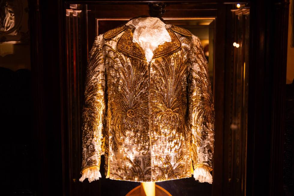 An embroidered and bejeweled jacket is seen during a tour of the Liberace Museum Collection at ...