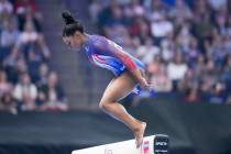 Simone Biles bobbles and falls off the balance beam at the United States Gymnastics Olympic Tri ...