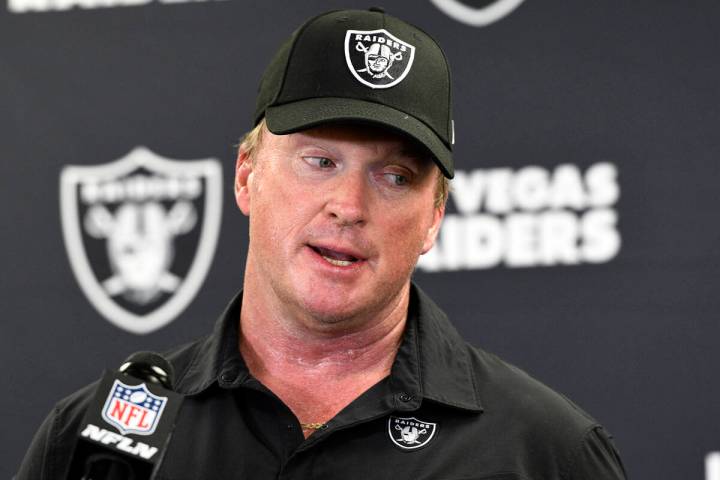 Las Vegas Raiders head coach Jon Gruden speaks with the media following an NFL football game ag ...