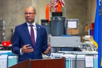 Nevada Attorney General Aaron Ford speaks about 2024 election security at the Clark County Elec ...
