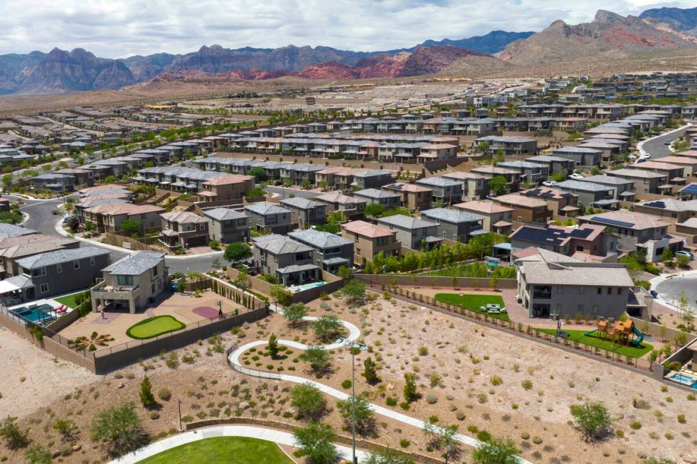 An aerial photo shows homes in Summerlin near Paseos Park on Wednesday, Aug 9, 2023. (Bizuayehu ...