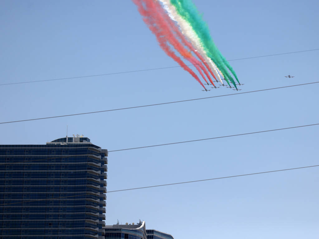 The Italian Air Force’s aerial demonstration team, Aeronautica Militare, flies over the ...