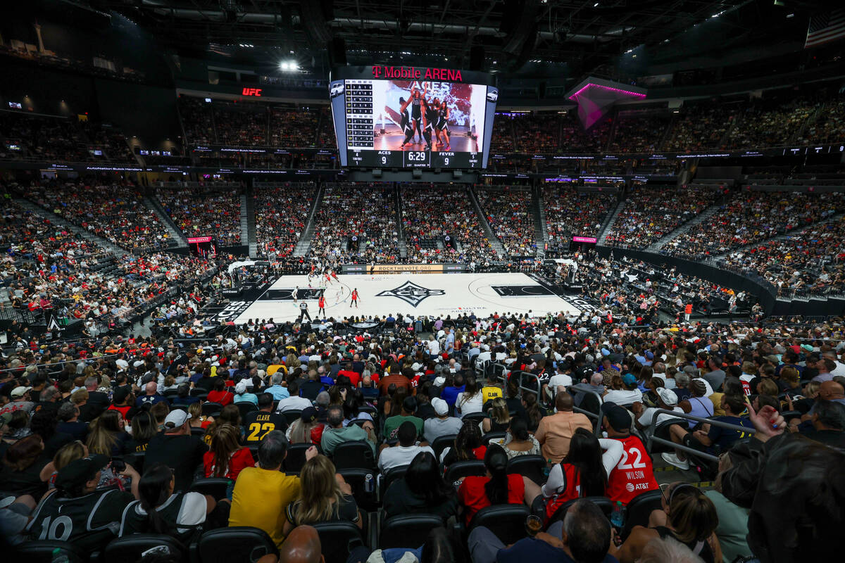 The Las Vegas Aces face the Indiana Fever in front of a sold out crowd during the first half of ...