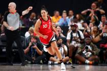 Las Vegas Aces guard Kelsey Plum (10) runs up the court after scoring during the second half of ...