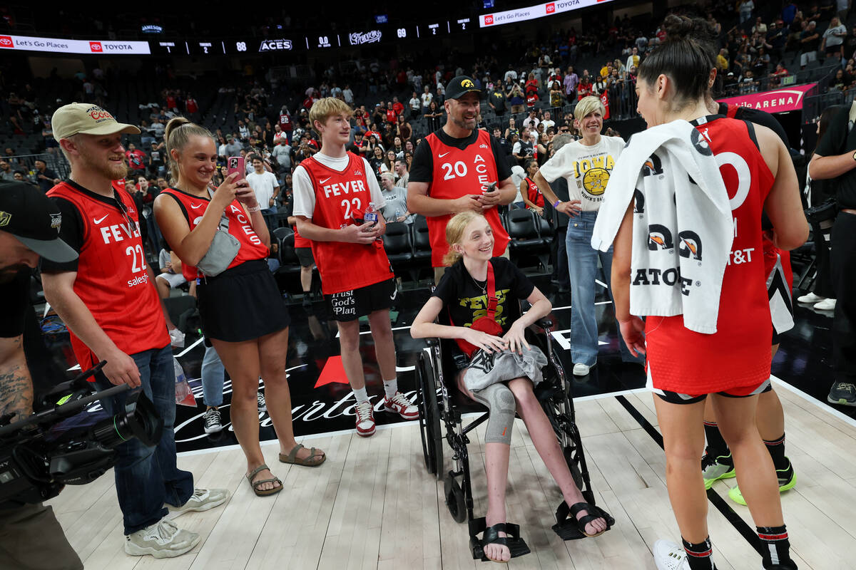 The Las Vegas Aces chat with 14-year-old Bailey Lux, who was sent to the Aces game by the Make ...