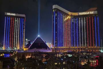 New LED lighting is seen on the exterior of the Mandalay Bay Resort and Casino and Delano Las V ...