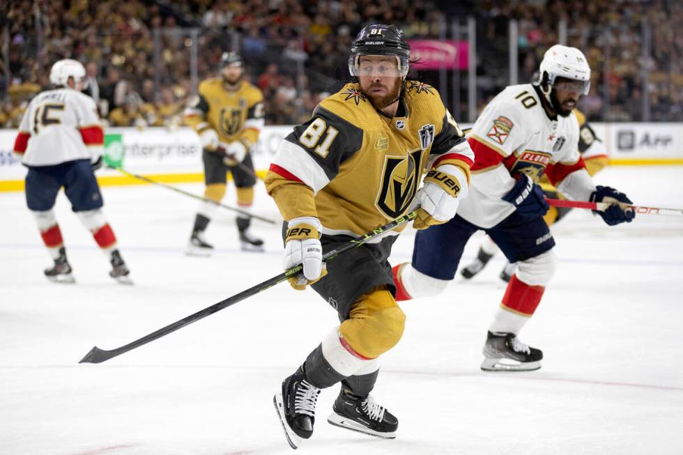 Golden Knights right wing Jonathan Marchessault (81) pivots toward the puck during the third pe ...