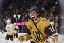 Golden Knights left wing Pavel Dorofeyev (16) celebrates a goal during a game against the Pitts ...