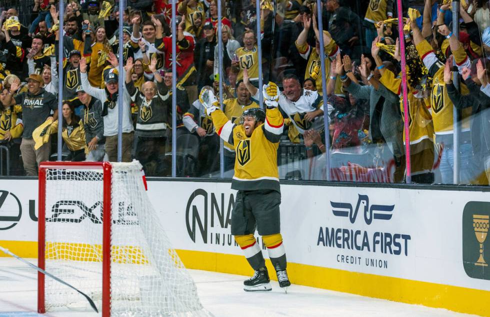 Golden Knights right wing Jonathan Marchessault (81) celebrates his first goal of the season ag ...