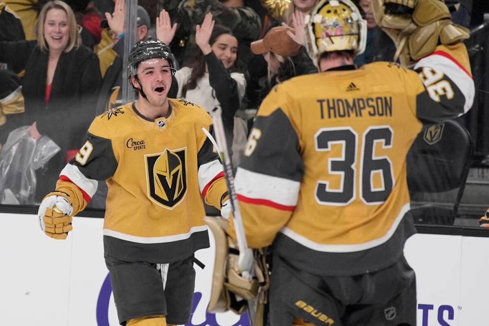 Vegas Golden Knights center Brendan Brisson (19) celebrates after scoring against the Pittsburg ...