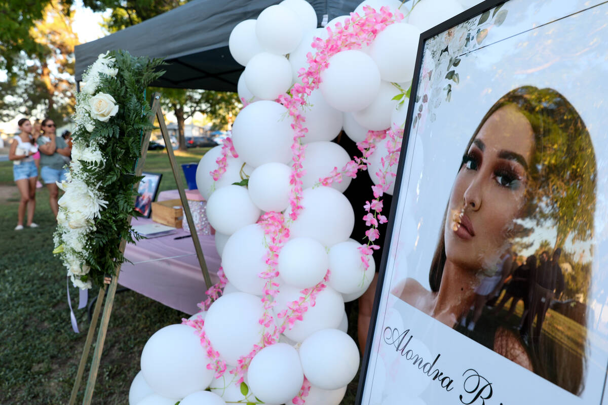 A vigil for Alondra Rivera, 28, is set up at Winterwood Park on Wednesday, July 3, 2024, in Las ...