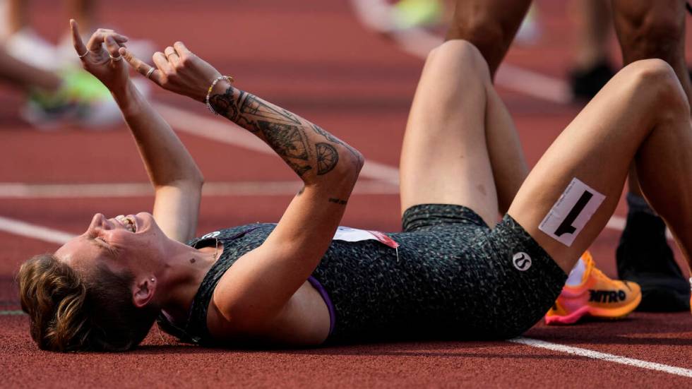 Nikki Hiltz celebrates after winning the women's 1500-meter final during the U.S. Track and Fie ...