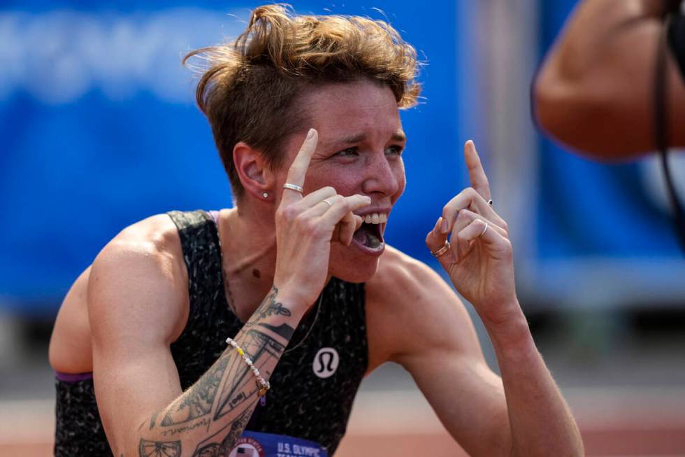 Nikki Hiltz celebrates after winning the women's 1500-meter final during the U.S. Track and Fie ...