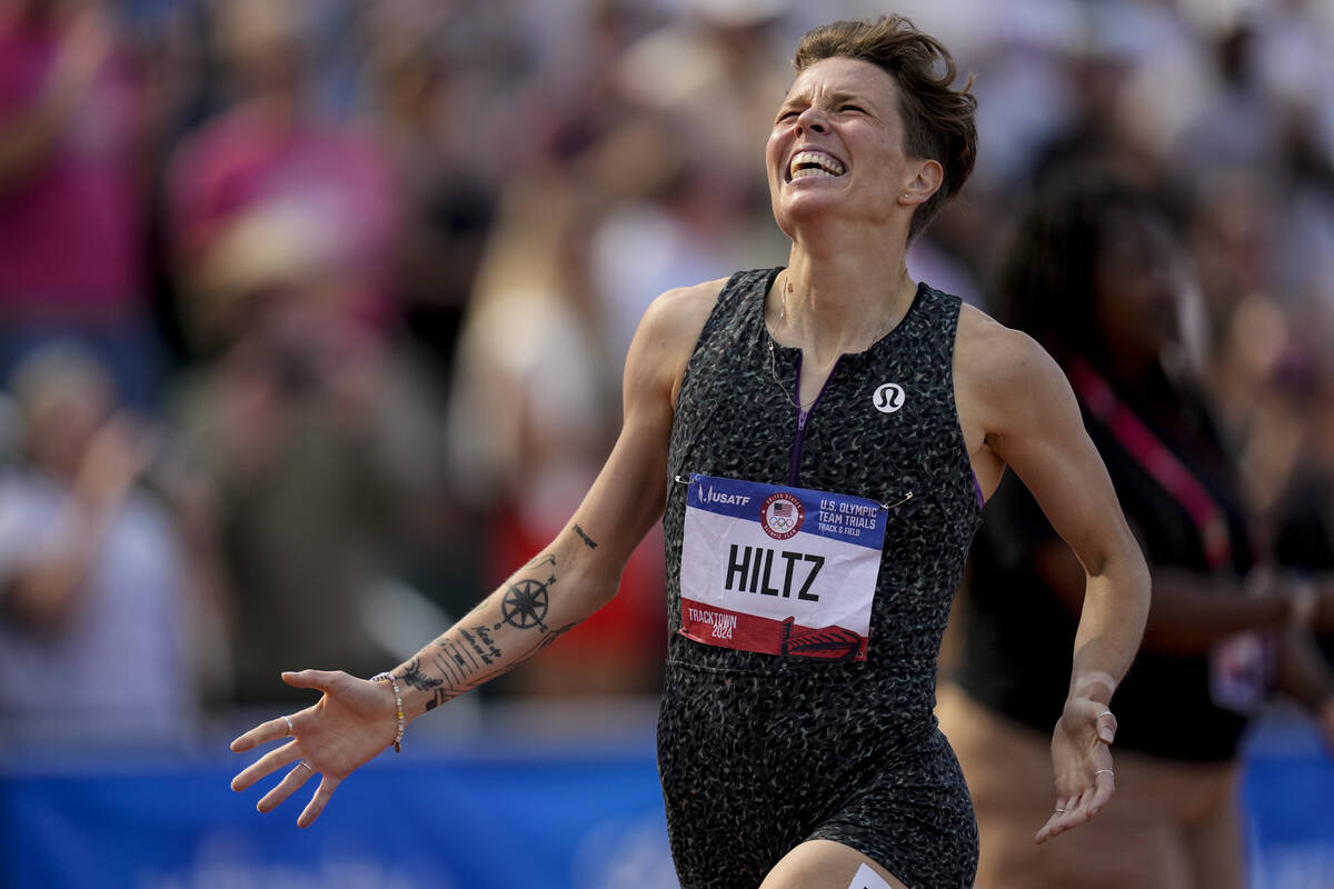 Nikki Hiltz celebrates after winning the women's 1500-meter final during the U.S. Track and Fie ...