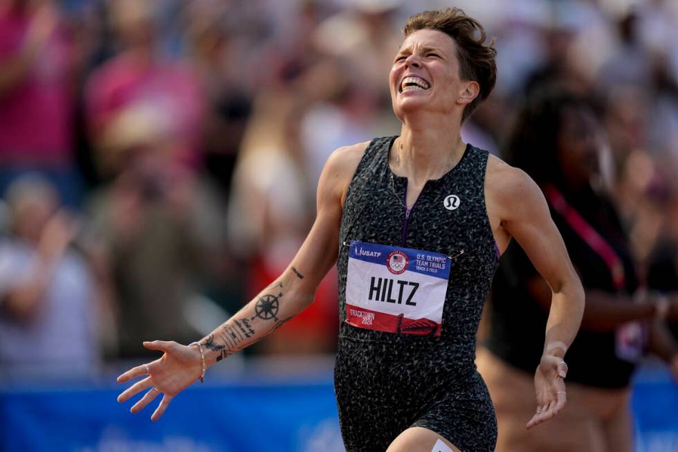 Nikki Hiltz celebrates after winning the women's 1500-meter final during the U.S. Track and Fie ...