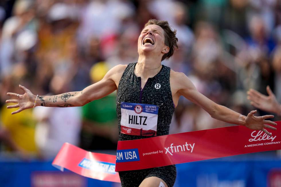 Nikki Hiltz celebrates after winning the women's 1500-meter final during the U.S. Track and Fie ...