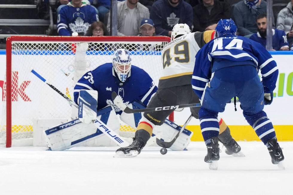 Vegas Golden Knights' Ivan Barbashev (49) scores against Toronto Maple Leafs goaltender Ilya Sa ...