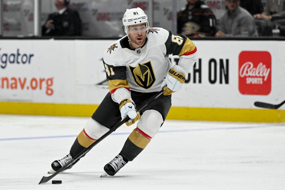 Vegas Golden Knights right wing Jonathan Marchessault (81) plays against the Anaheim Ducks duri ...