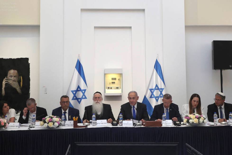 Israeli Prime Minister Benjamin Netanyahu chairs a Cabinet meeting at the Bible Lands Museum in ...