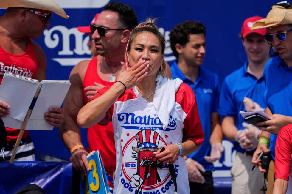 Miki Sudo reacts after winning the women's of the Nathan's Famous Fourth of July hot dog eating ...