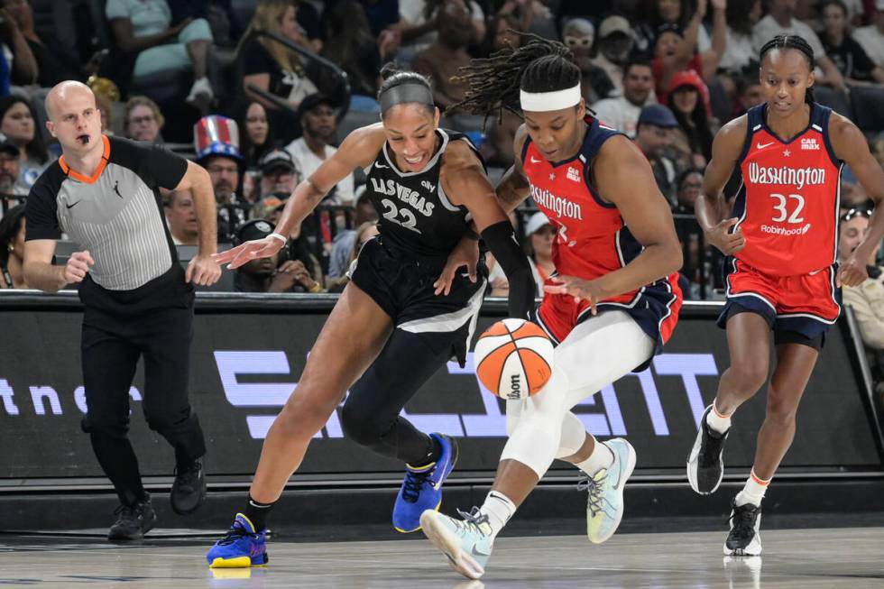 Las Vegas Aces center A'ja Wilson (22) steals the ball from Washington Mystics forward Myisha H ...