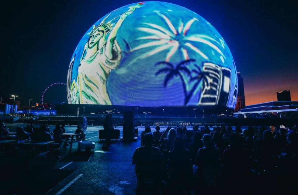 A drawing made by a Clark County student is displayed on the Sphere on Thursday, July 4, 2024, ...