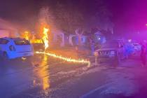 Clark County firefighters battle a fire in the 4200 block of Skywalker Avenue believed to have ...
