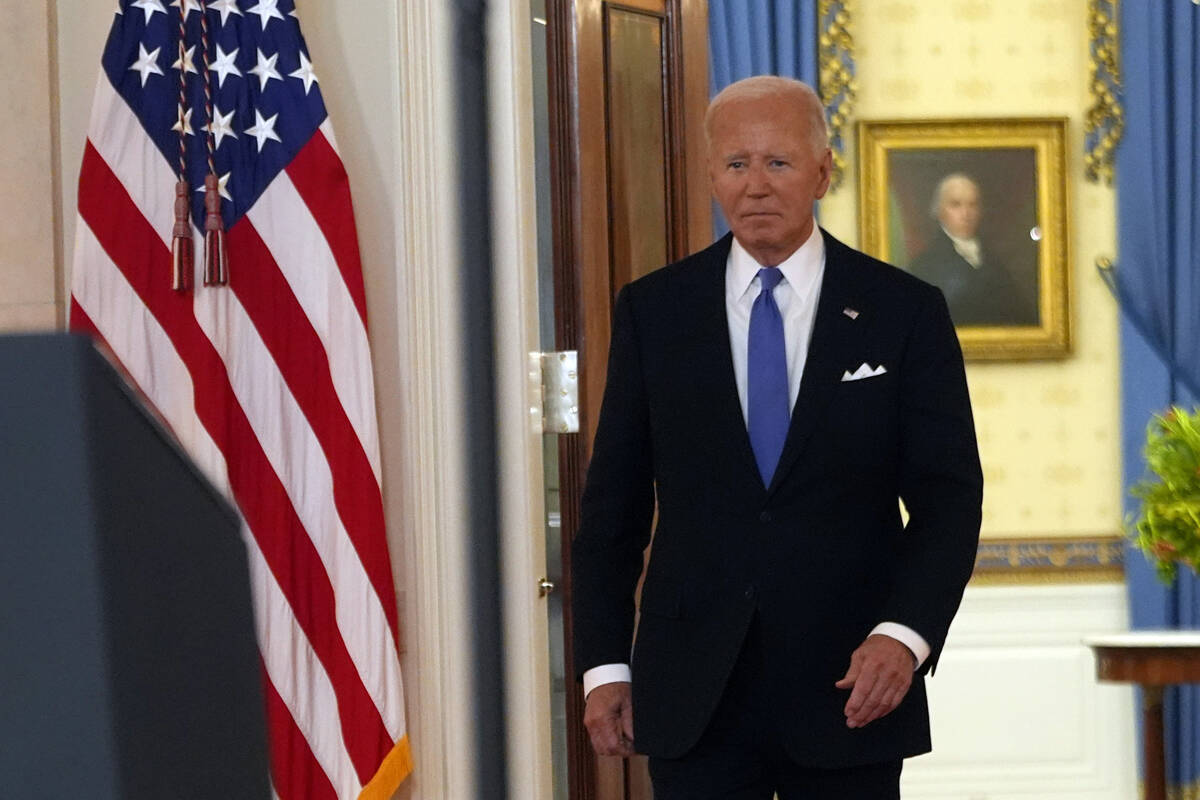 President Joe Biden arrives to speak in the Cross Hall of the White House Monday, July 1, 2024, ...