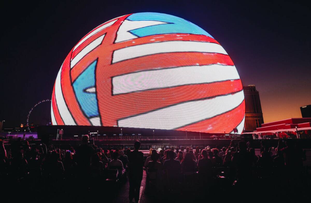 A drawing made by a Clark County student is displayed on the Sphere on Thursday, July 4, 2024, ...