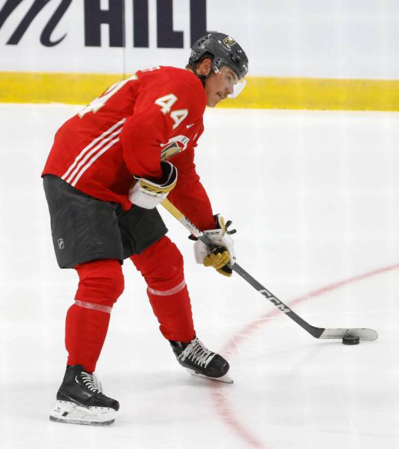 Golden Knights defenseman Christoffer Sedoff (44) shoots the puck during team's development cam ...