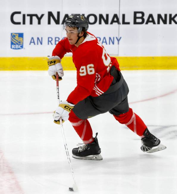 Golden Knights defensemen Samuel Mayer (96) skates during team's development camp at City Natio ...