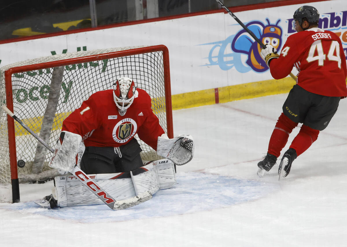 Golden Knights goaltender Cameron Whitehead (1) blocks defenseman Christoffer Sedoff's (44) sho ...