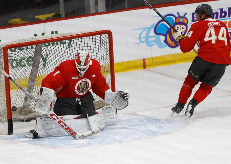 Golden Knights goaltender Cameron Whitehead (1) blocks defenseman Christoffer Sedoff's (44) sho ...