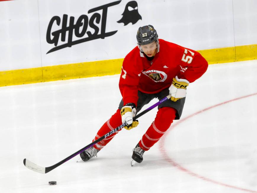 Golden Knights forward Jack Stockfish (57) controls the puck during team's development camp at ...